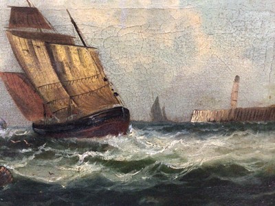 Lot 95 - Mid 19th century English School, oil on canvas, fishing vessels at a harbour entrance, in gilt frame, 25 x45cm