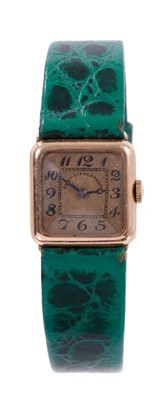 Lot 704 - 1920s ladies Longines 14ct gold wristwatch retailed by Black Starr & Frost, New York, on leather strap