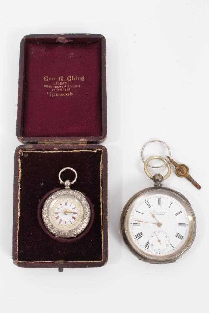 Lot 13 - Late 19th century silver pocket watch by Kendal & Dent, together with a late 19th century Swiss silver fob watch in original box