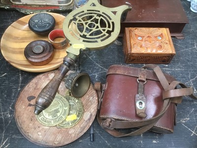 Lot 138 - Group of assorted treen items to include bowls, boxes and trays, together with binoculars in leather case, brass trivet and other metal ware