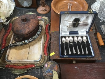 Lot 138 - Group of assorted treen items to include bowls, boxes and trays, together with binoculars in leather case, brass trivet and other metal ware