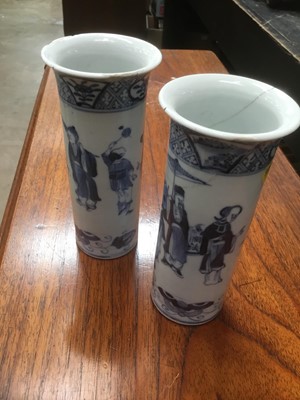 Lot 151 - Pair of 19th Century Chinese blue and white porcelain cylinderical vases with figure decoration