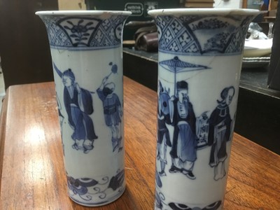 Lot 151 - Pair of 19th Century Chinese blue and white porcelain cylinderical vases with figure decoration