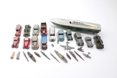 Lot 1605 - Collection of early unboxed Dinky model vehicles and a tin plate speed boat