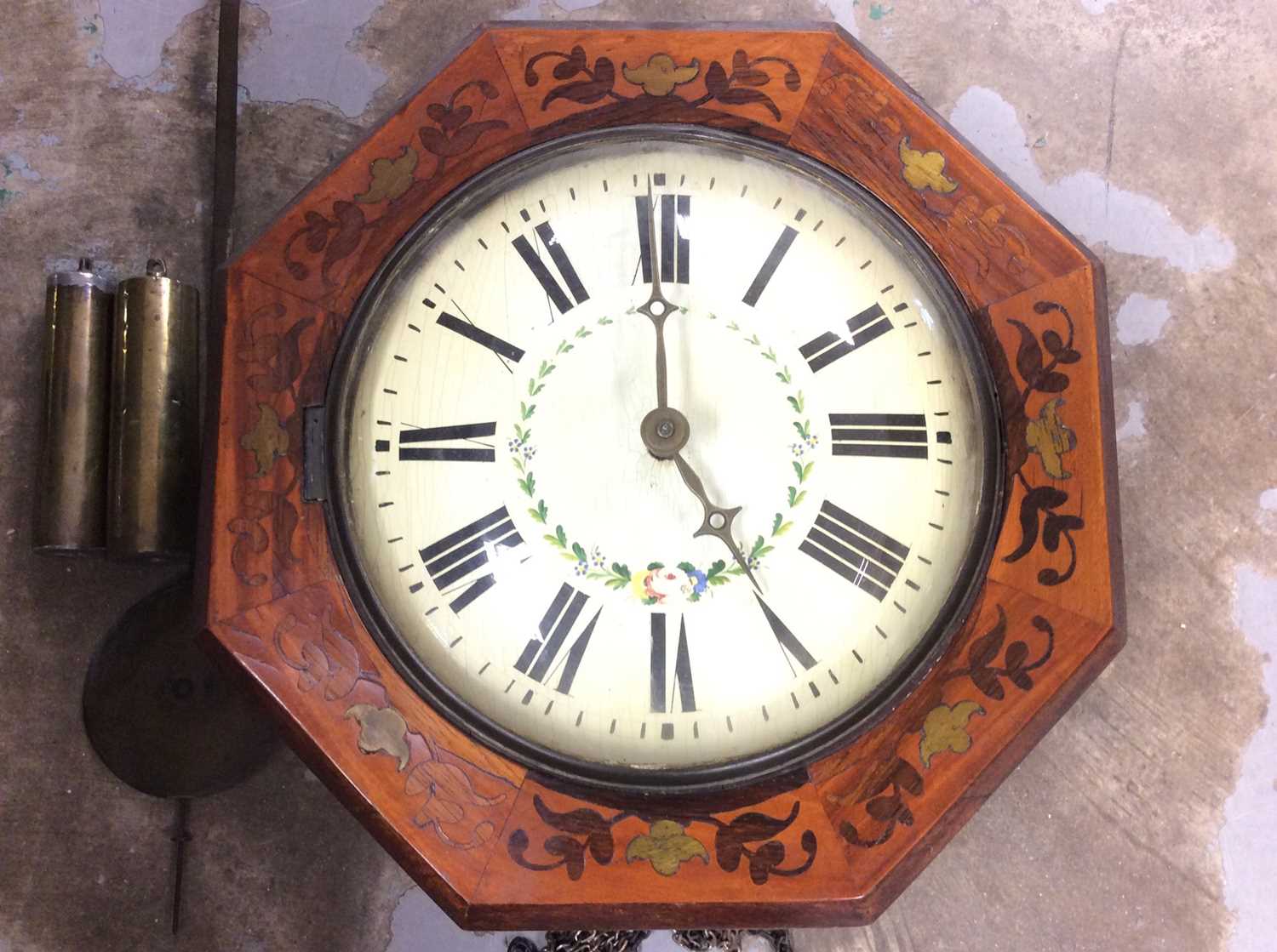 Lot 409 - Late 19th century wall dial with circular white painted dial in brass and rosewood inlaid octagonal mahogany case