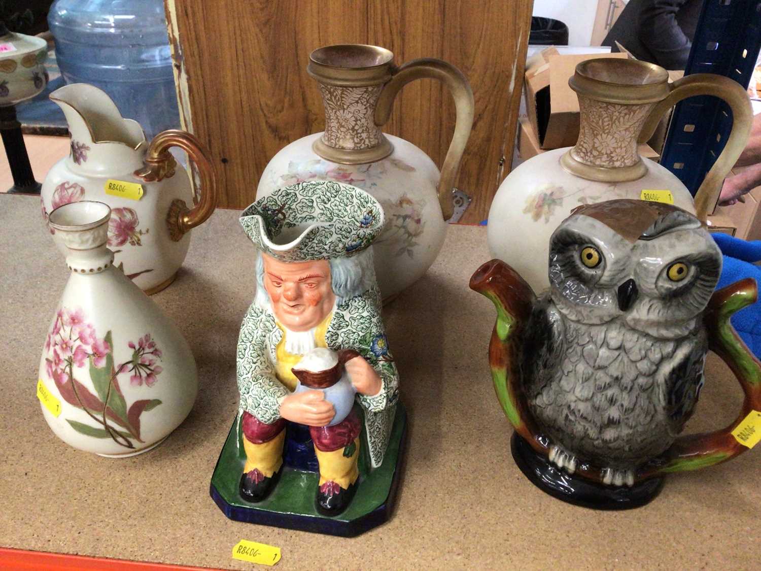 Lot 79 - Late Victorian Royal Worcester porcelain ewer and vase, pair of Edwardian Royal Doulton ewers, Edwardian Copeland Spode Toby jug and a Woods Pottery owl teapot
