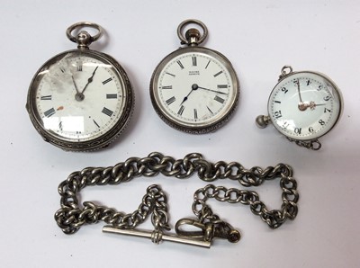 Lot 671 - Two silver cased fob watches, spherical glass pocket watch and a watch chain