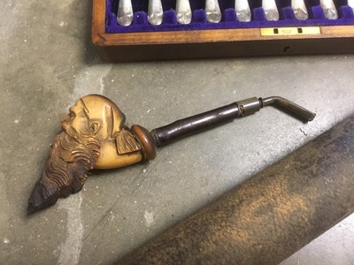 Lot 166 - Late 19th / early 20th century telescope together with a carved meerschaum pipe and fish knives and forks