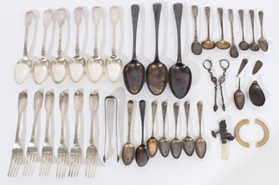 Lot 439 - Selection of Georgian and later silver flatware and a baby's rattle.