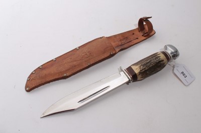 Lot 863 - American Bowie Knife with polished steel blade, stamped Inox Virginia, with horn grip in leather sheath