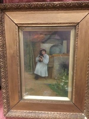 Lot 236 - P Smith (early 20th century) oil on canvas, girl with cat