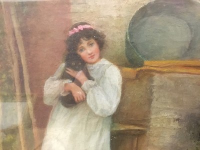 Lot 236 - P Smith (early 20th century) oil on canvas, girl with cat