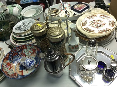 Lot 431 - Group of mixed ceramics and glass to include Carltonware salad bowl, teaware, silver plated ware, glass, Dickens pictures and other items (qty)