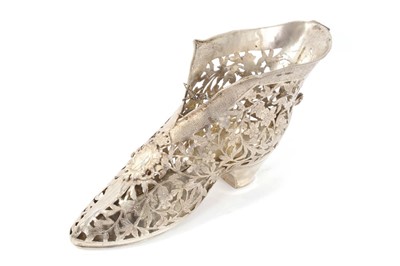 Lot 359 - Late 19th century Continental silver ladies shoe with pierced floral decoration.
