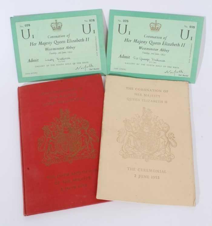 Lot 62 - The Coronation of H.M. Queen Elizabeth II, 2 June 1953- two entrance tickets, ceremonial and  Order of  Service