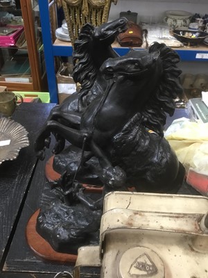 Lot 135 - Pair of Marley Horse sculptures, together with a fox wrap, football boots and sundries