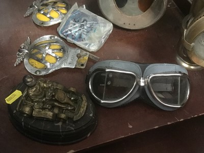Lot 153 - Two miners lamps, motor racing goggles. Go-cart trophy, vintage AA, RAC badges