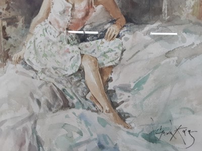 Lot 1 - Gordon King (b.1939) watercolour - relaxing lady, signed, 45cm x 61cm, in glazed gilt frame p