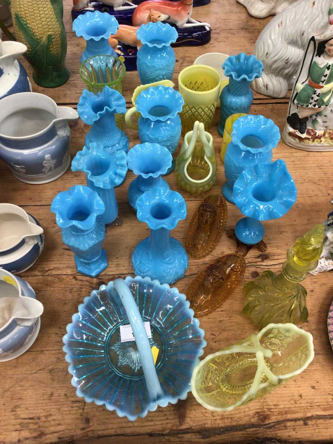 Lot 12 - Victorian and later coloured glassware, including Vaseline glass baskets, opaque blue vases, etc (qty)