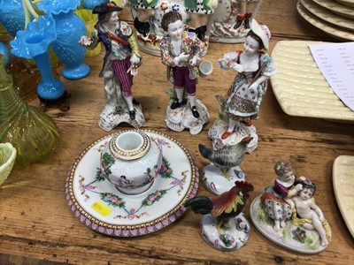 Lot 14 - Small collection of continental porcelain, including three figures, a further group, two cockerels and a Capodimonte inkwell (7)