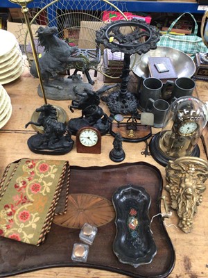 Lot 17 - Sundry items, including spelter figures, pewter, gilt wall bracket, clocks, inlaid mahogany tray, brass fire screen, etc