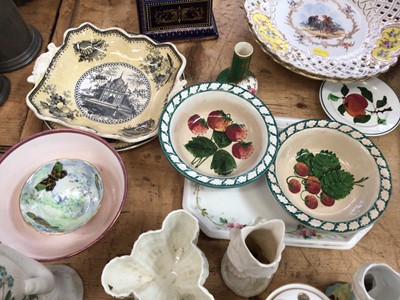 Lot 18 - Collection of antique and later ceramics, including a good pair of Vienna-style porcelain vases, hand painted and signed and converted to lamps, two Wemyss bowls, etc