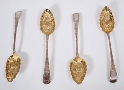 Lot 371 - Two pairs of George III silver Old English Pattern Tablespoons, later converted to Berry Spoons