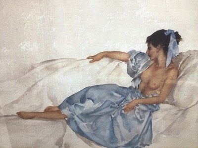 Lot 8 - William Russell Flint (1880-1969) limited edition colour print - reclining semi-clad female, 656/750, with WRF blindstamp, 25.5cm x 38cm, in glazed gilt frame