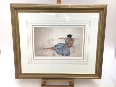 Lot 8 - William Russell Flint (1880-1969) limited edition colour print - reclining semi-clad female, 656/750, with WRF blindstamp, 25.5cm x 38cm, in glazed gilt frame