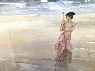 Lot 200 - William Russell Flint (1880-1969) limited edition colour print - semi-clad fisher girl on the shore, 576/650, with WRF blindstamp, 40cm x 53cm, in glazed gilt frame