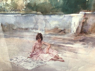 Lot 11 - William Russell Flint (1880-1969) limited edition colour print - semi-clad female before a fountain, 272/675, with WRF blindstamp, 41cm x 54cm, in glazed gilt frame