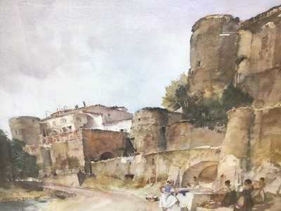 Lot 85 - William Russell Flint (1880-1969) limited edition colour print - figures beneath castle walls, 382/850, with blindstamp, 53cm x 69cm, in glazed frame