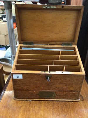 Lot 27 - Early 20th century blonde oak stationery box, with campaign style drawer at bottom, 30.5cm across