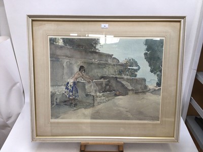 Lot 16 - William Russell Flint (1880-1969) signed colour print - semi-clad female before a fountain, with blindstamp, 52cm x 68cm, in glazed frame