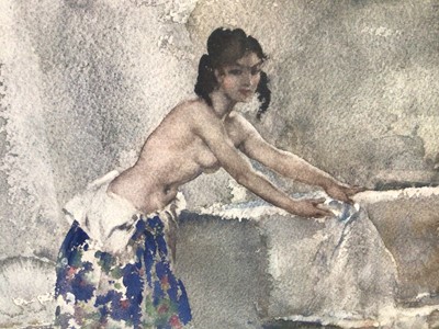 Lot 16 - William Russell Flint (1880-1969) signed colour print - semi-clad female before a fountain, with blindstamp, 52cm x 68cm, in glazed frame