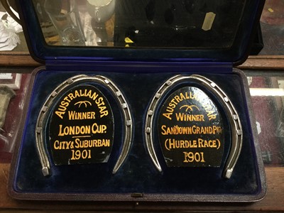 Lot 2357 - Pair of horseshoes worn by the winner of the London Cup and Sandown Grand Prize in 1901, in display case