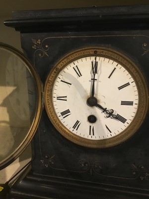 Lot 277 - Early 20th century black slate mantel clock with white enamel dial