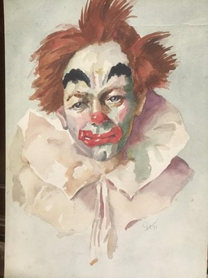 Lot 181 - English School, 20th century, watercolour on board,  portrait of a clown, signed and dated 71, 25 x 37cm, housed within an oak box frame