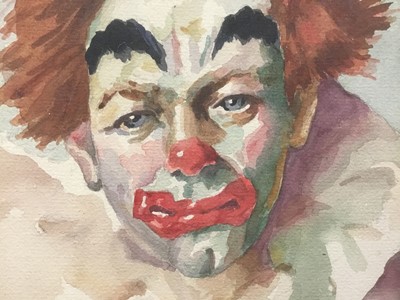 Lot 181 - English School, 20th century, watercolour on board,  portrait of a clown, signed and dated 71, 25 x 37cm, housed within an oak box frame