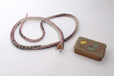 Lot 625 - First World War Ottoman Turkish Prisioner of War Beadwork Snake, marked Souvenir Turkish Prisoner 1918, 170cm in length, together with a First World War Princess Mary Christmas Gift Tin (2)