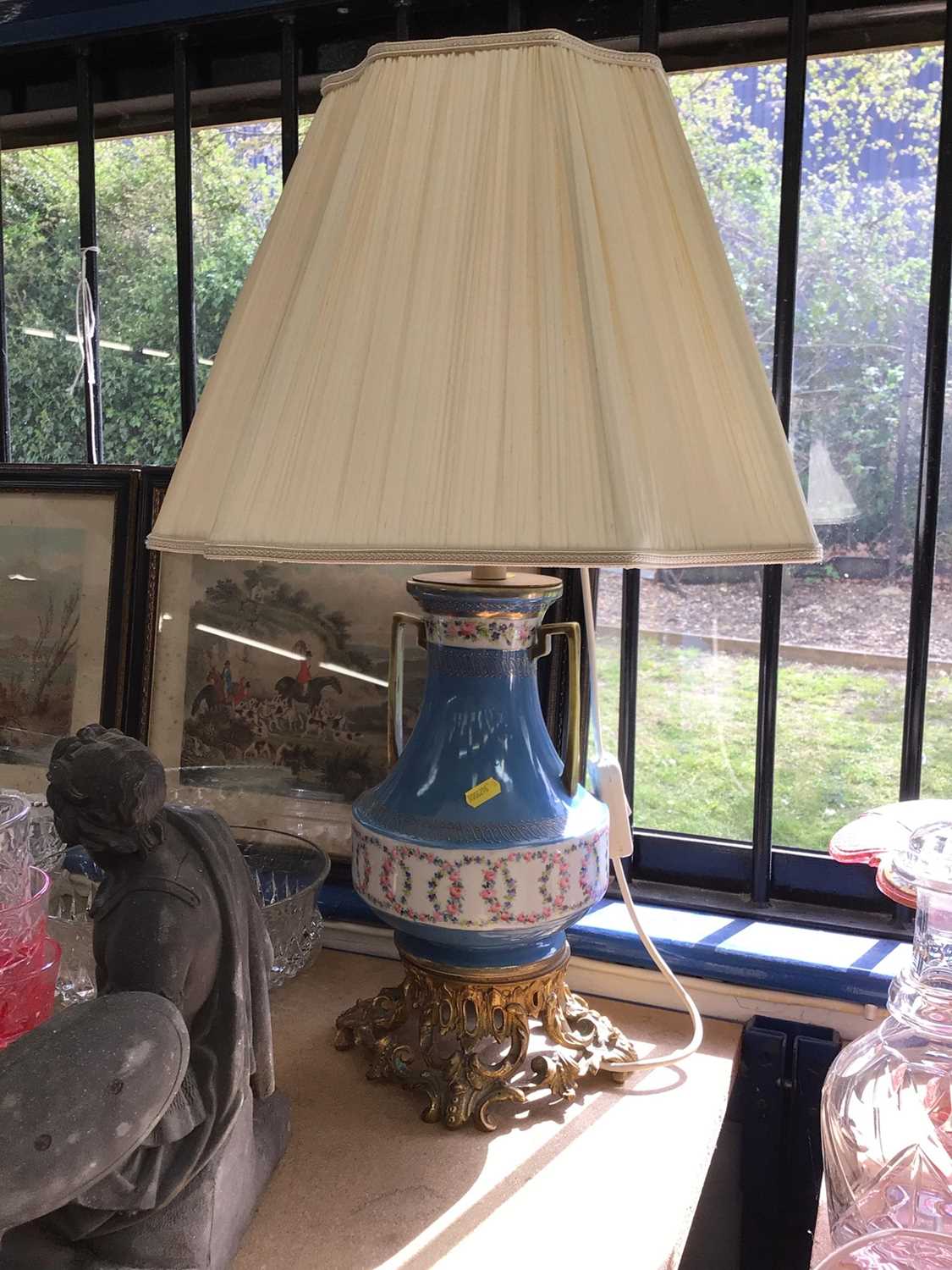 Lot 62 - French porcelain vase, converted to a lamp, and a composite figure of a warrior (2)