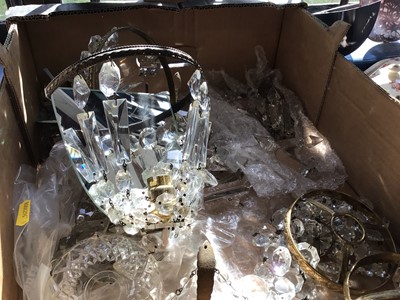 Lot 65 - Box of crystal pendant chandeliers and wall lights, some parts loose
