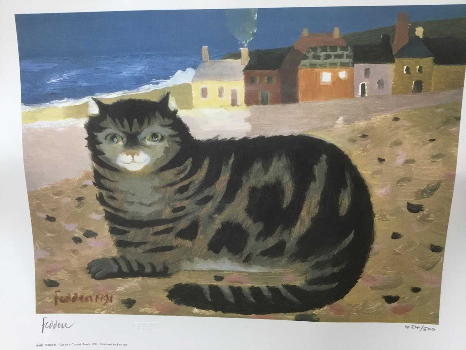 Lot 106 - *Mary Fedden (1915-2012) signed limited edition print, 'Cat on a Cornish Beach', 1991, 424 / 500, published by Bow Art, unframed, 35cm x 50cm