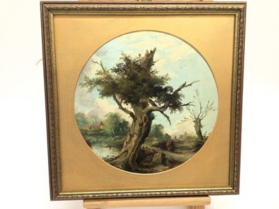 Lot 55 - S. Day, mid 19th century oil on canvas - travellers on a wooded track, signed and dated 1857, 28cm diameter, in gilt frame