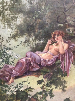 Lot 56 - H. Edward Sawyer, oil on canvas - a semi-clad lady reclining among foliage, signed, 30cm x 20cm, in gilt frame