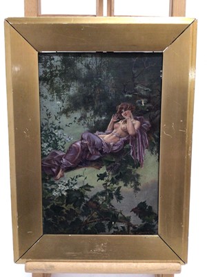 Lot 56 - H. Edward Sawyer, oil on canvas - a semi-clad lady reclining among foliage, signed, 30cm x 20cm, in gilt frame