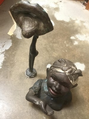 Lot 256 - Modern bronze surrealist sculpture, together with American 19th century style novelty money box