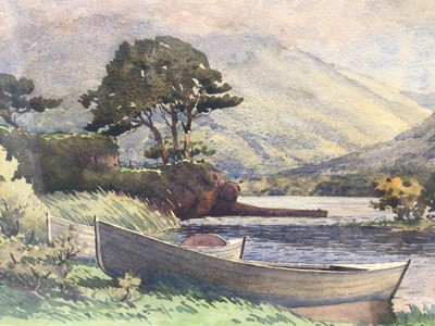 Lot 57 - Sean O'Connor (1909-1992) watercolour - rowing boats on an Irish Lough, signed, 27cm x 36cm, in glazed gilt frame