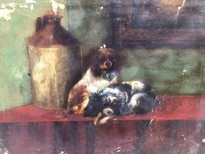 Lot 58 - After Sir Edwin Landseer, oil on canvas - two King Charles spaniels on a table, unframed, 44cm x 56cm