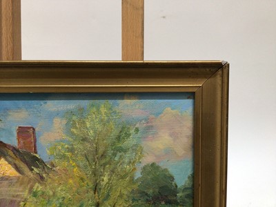 Lot 59 - Sydney Amos Driver, 1930s East Anglian School oil on canvas - a thatched cottage beside a river, signed and dated 1933, 25cm x 35cm, in gilt frame